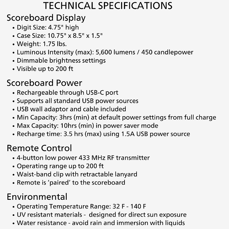 Electronic Scorekeeper Technical Specifications